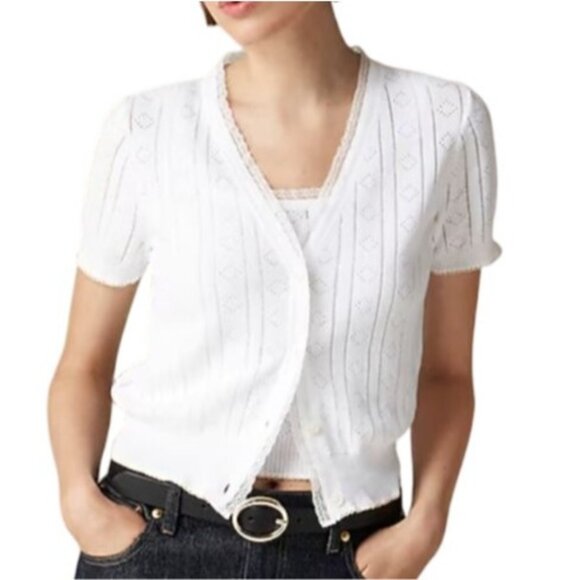 NWT J.Crew Sz L White Pointelle Short-Sleeve V-Neck Cardigan Ultra-Fine Cotton - Picture 1 of 9